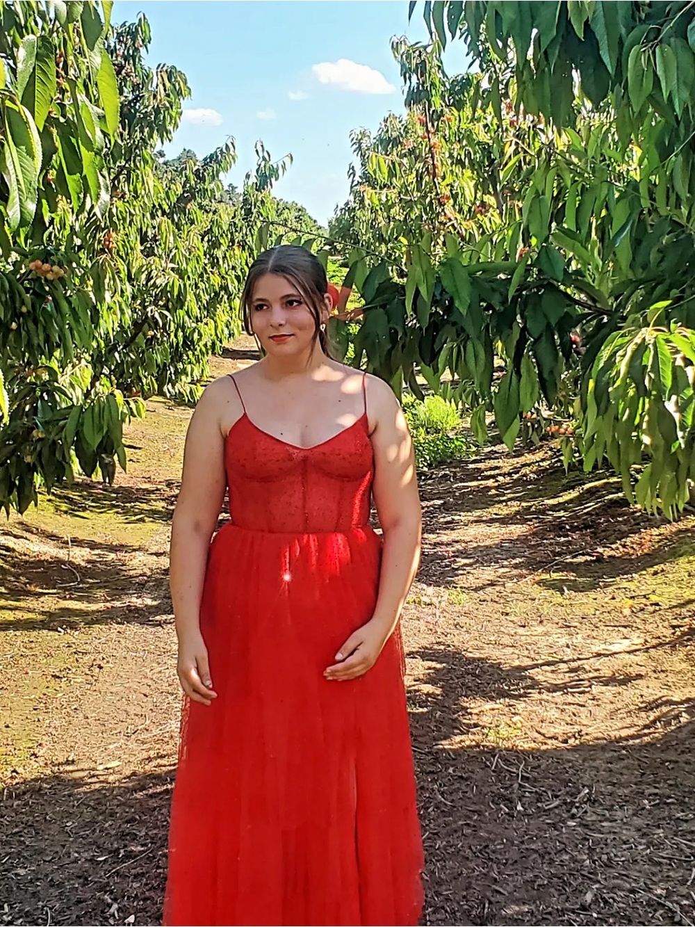 Red Spaghetti Strap Lace Bodice Formal Dress
